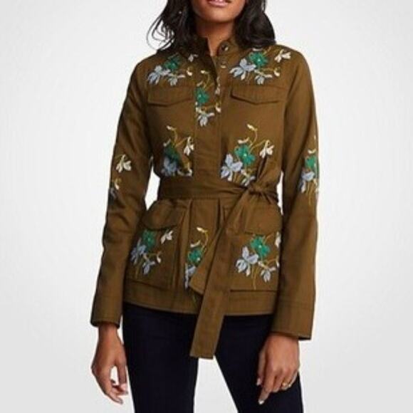 Ann Taylor Floral Embroidered Belted Utility Jacket S Small Military Safari - Picture 1 of 8
